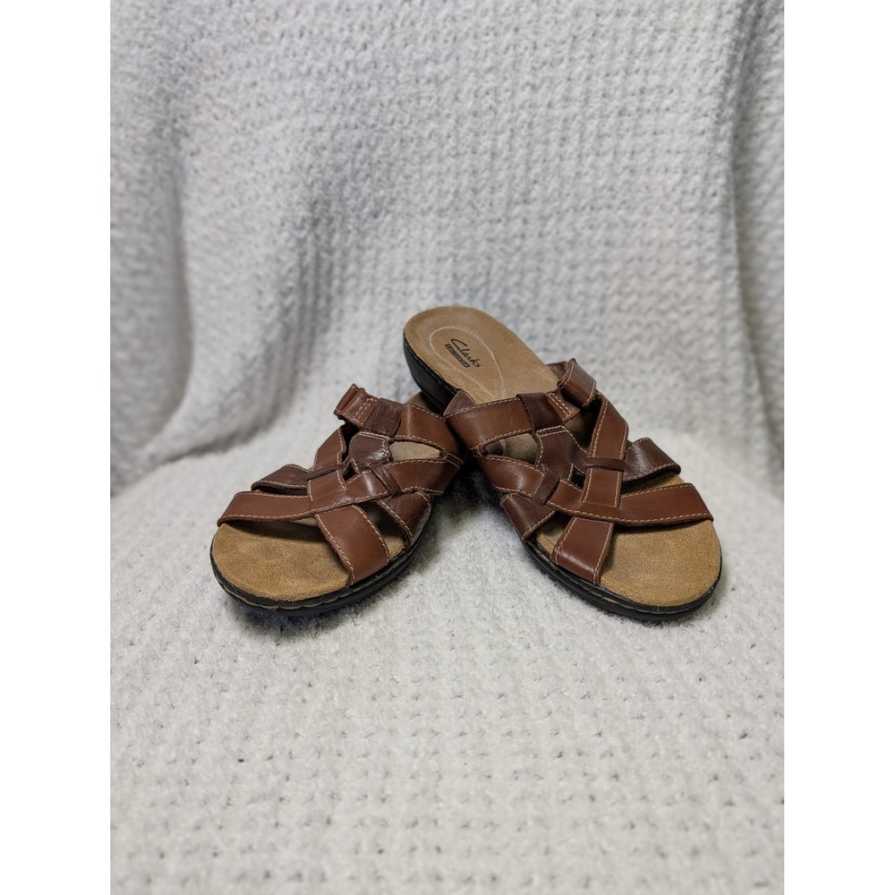 Clarks Collection Brown Leather‎ Woven Strappy Slide Sandals Womens Size 10 M
